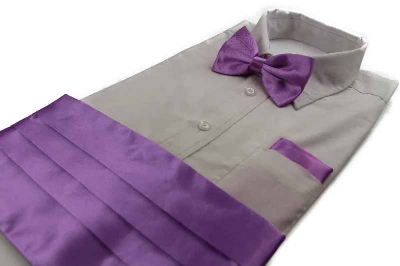 great ties for interviews-Mens Light Purple Cummerbund & Matching Plain Bow Tie And Pocket Square Set