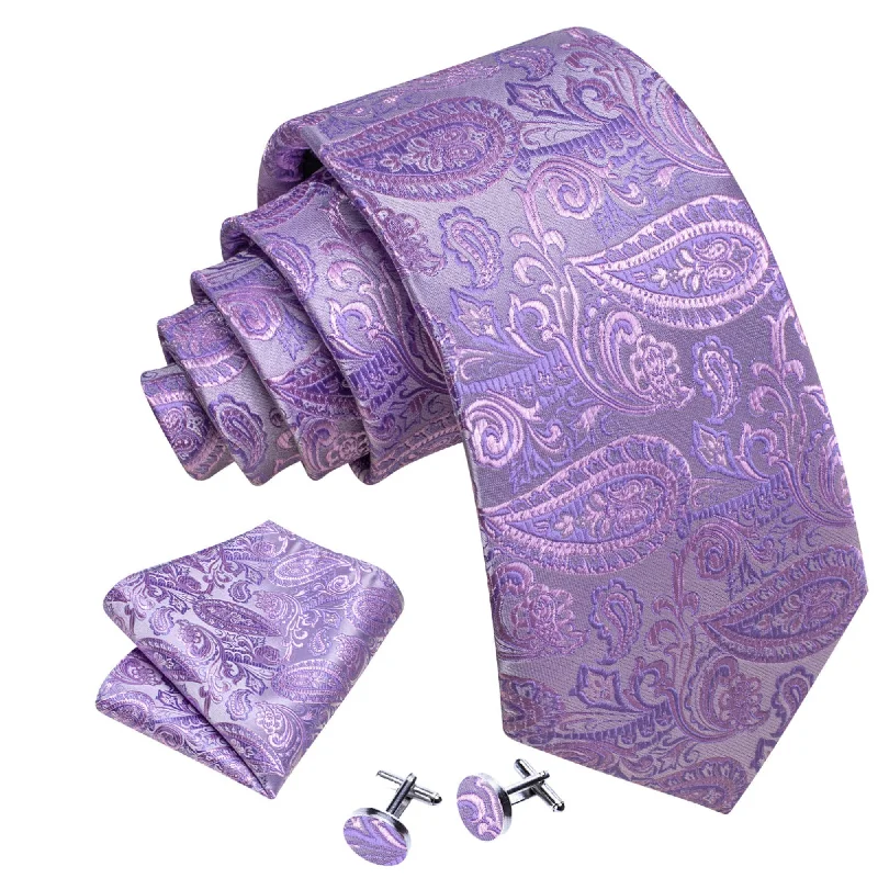 formal party neckties-Men's Light Purple Paisley 100% Silk Neck Tie With Matching Hanky And Cufflinks Set