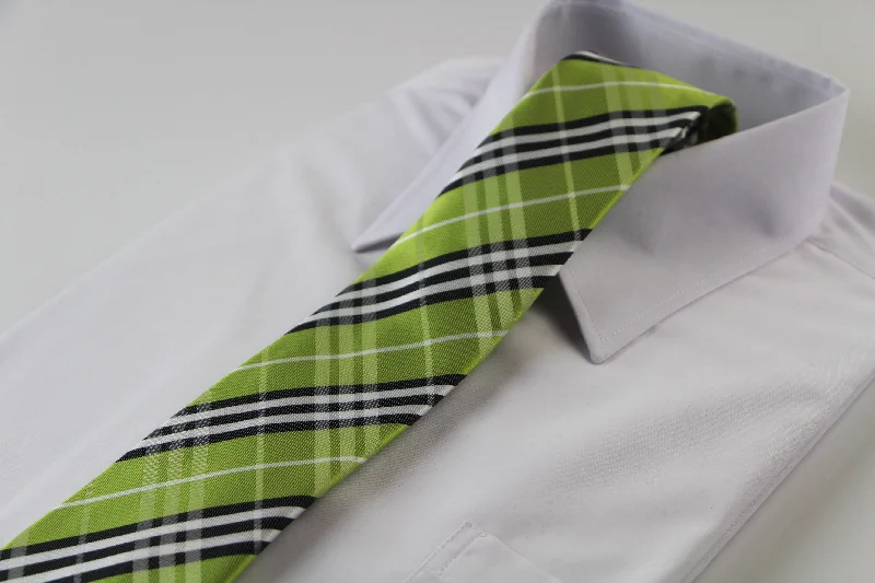 best wedding tie sets-Mens Lime Green, Black & White Plaid Striped Patterned 8cm Neck Tie