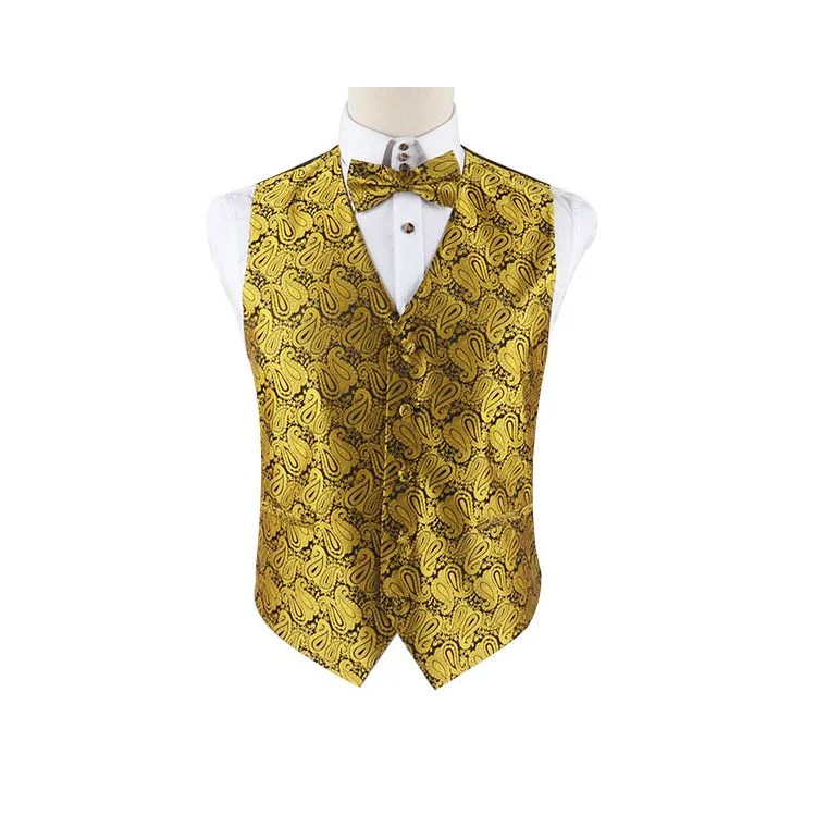 paisley neckties-Mens Mustard Gold Boho Paisley Patterned Vest Waistcoat & Matching Bow Tie