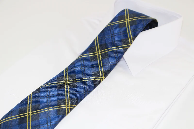 best silk necktie brands-Mens Navy Blue & Yellow Plaid Striped Patterned 8cm Neck Tie