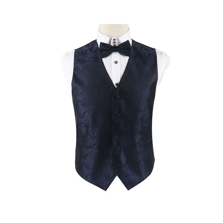 bow ties for men-Mens Navy Boho Paisley Patterned Vest Waistcoat & Matching Bow Tie