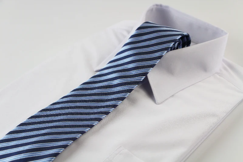 wedding necktie ideas-Mens Navy, Light Blue & White Striped Patterned 8cm Neck Tie