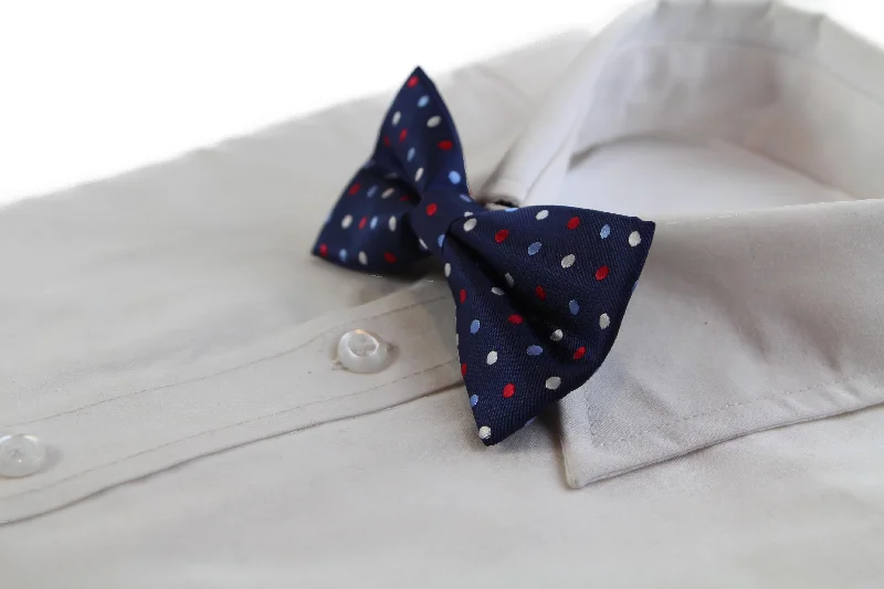 men's formal wedding neckties-Mens Navy With Multicoloured Polka Dots Patterned Bow Tie