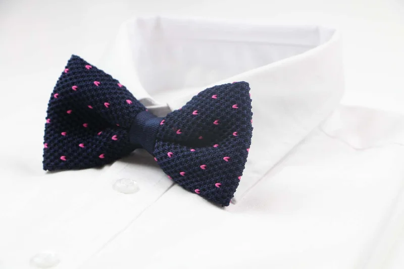 silk neckties for casual events-Mens Navy With Pink Knitted Bow Tie