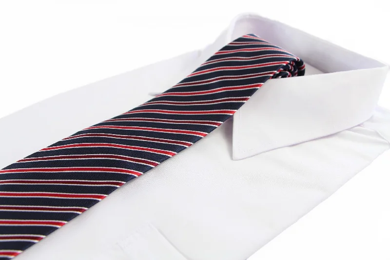 tie accessories for men-Mens Navy With White, Red & Maroon Striped 8cm Patterned Neck Tie