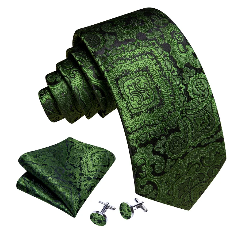 elegant office neckties-Men's Olive Green Paisley 100% Silk Neck Tie With Matching Hanky And Cufflinks Set