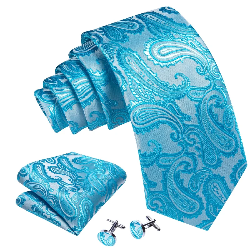 stylish patterns in men's neckties-Men's Pale Blue Paisley 100% Silk Neck Tie With Matching Hanky And Cufflinks Set