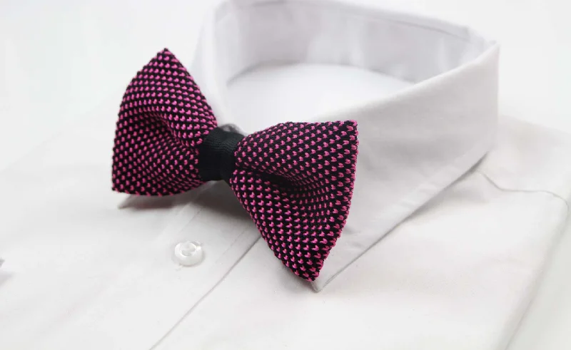 stylish wedding necktie sets-Mens Pink & Black Cross-Hatched Knitted Bow Tie