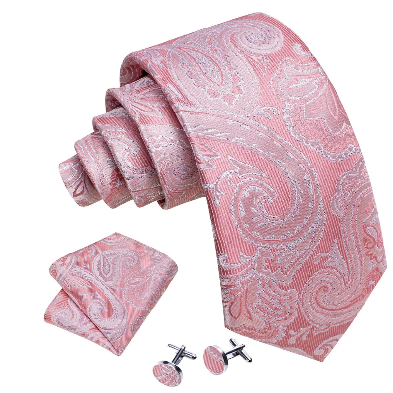 elegant men's bow ties-Men's Pink And White Paisley 100% Silk Neck Tie With Matching Hanky And Cufflinks Set