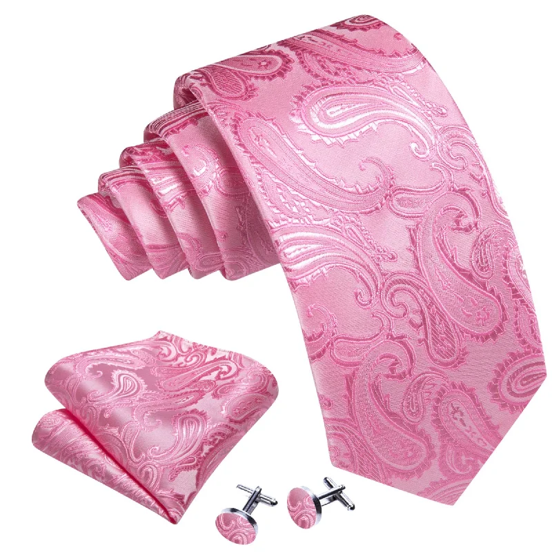 designer bow ties for men-Men's Pink Paisley 100% Silk Neck Tie With Matching Hanky And Cufflinks Set