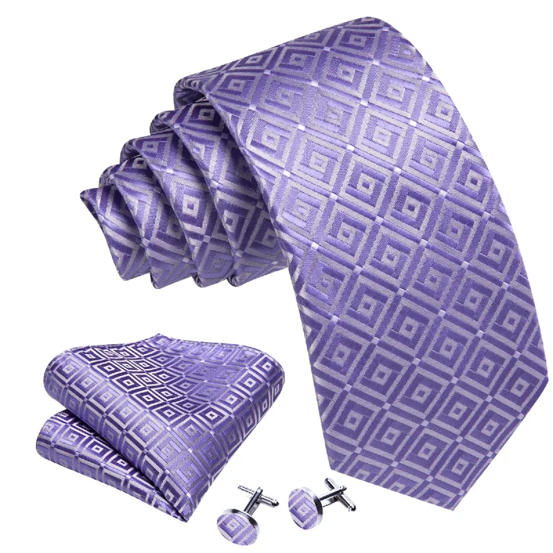 trendy silk bow ties-Men's Purple And White Plaid 100% Silk Neck Tie With Matching Hanky And Cufflinks Set