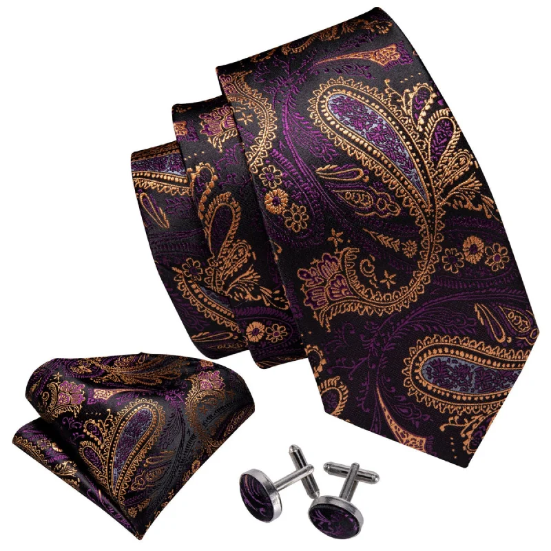 handmade neckties-Men's Purple And Yellow Paisley 100% Silk Neck Tie With Matching Hanky And Cufflinks Set