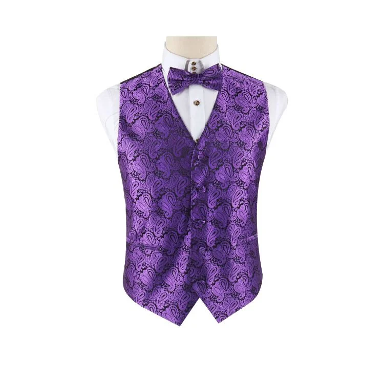 classic men's ties-Mens Purple Boho Paisley Patterned Vest Waistcoat & Matching Bow Tie