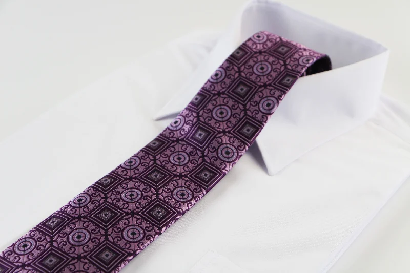 luxury office neckties-Mens Purple Circles & Squares Patterned 8cm Neck Tie