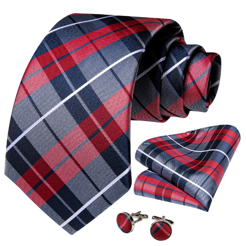 men's black ties-Men's Red And Navy Blue Plaid 100% Silk Neck Tie With Matching Hanky And Cufflinks Set