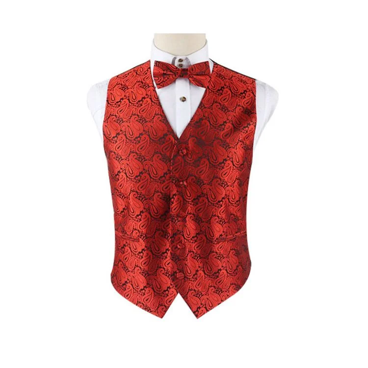 slim fit neckties-Mens Red Boho Paisley Patterned Vest Waistcoat & Matching Bow Tie