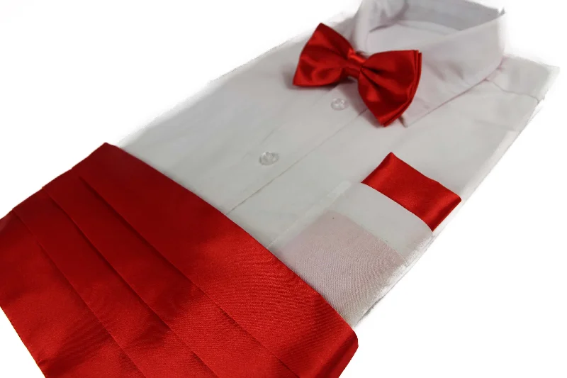 men's formal occasion neckties-Mens Red Orange Cummerbund & Matching Plain Bow Tie And Pocket Square Set