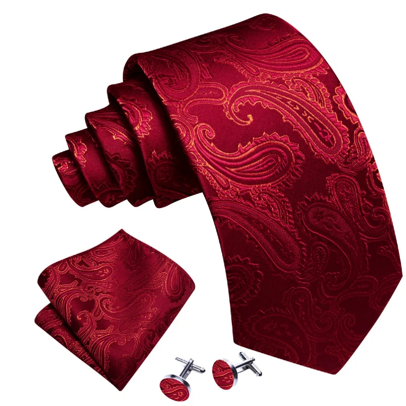 silk ties for business meetings-Men's Red Paisley 100% Silk Neck Tie With Matching Hanky And Cufflinks Set