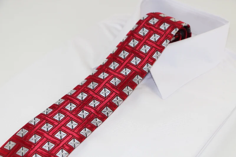 affordable necktie brands-Mens Red With Silver Squares Patterned 8cm Neck Tie