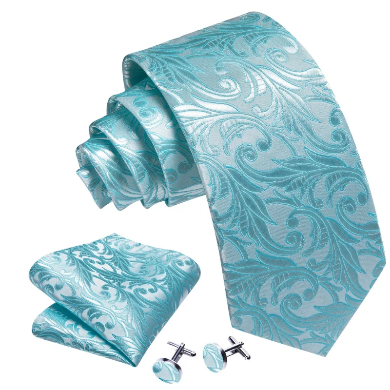 colorful business ties-Men's Sea Foam Blue Floral 100% Silk Neck Tie With Matching Hanky And Cufflinks Set