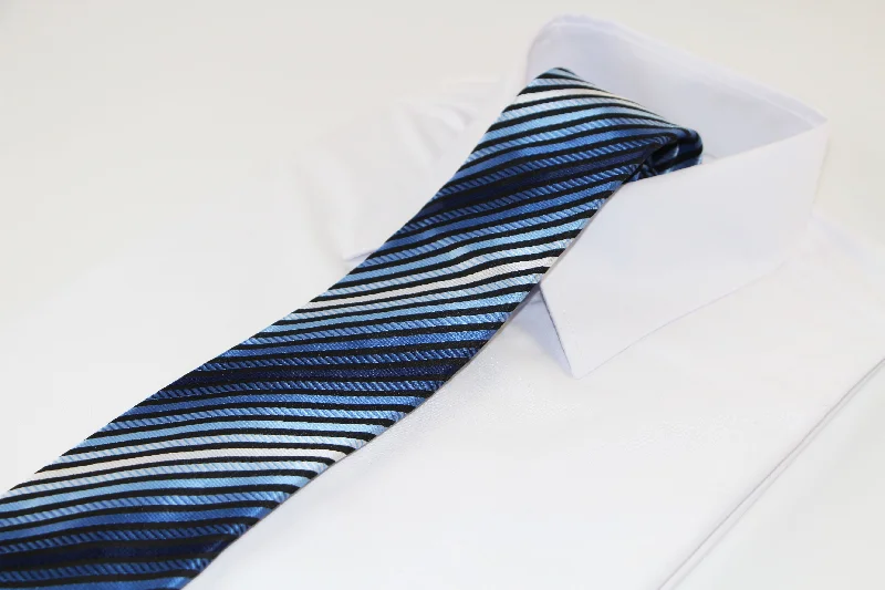 men's professional silk ties-Mens Shades Of Blue Striped Patterned 8cm Neck Tie