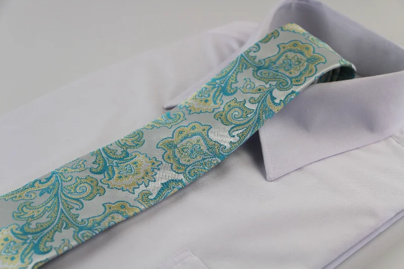 casual ties for men-Mens Silver & Aqua Boho Paisley Patterned 8cm Neck Tie