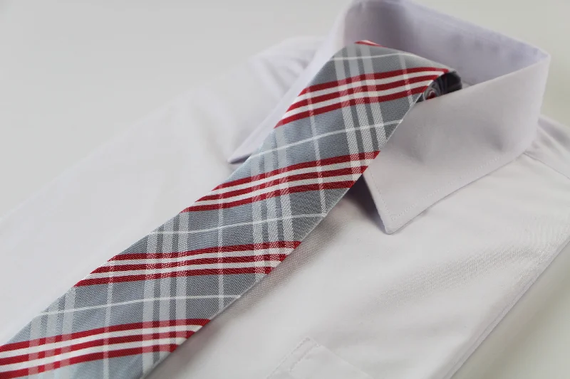 necktie packs for men-Mens Silver & Red Plaid Striped Patterned 8cm Neck Tie