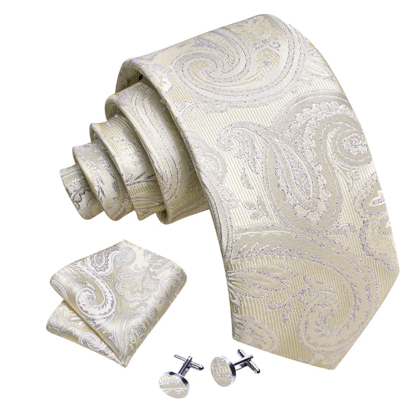 summer business ties-Men's Silver And Yellow Paisley 100% Silk Neck Tie With Matching Hanky And Cufflinks Set