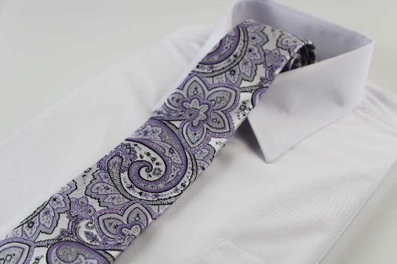 best necktie colors for interviews-Mens Silver & Light Purple Boho Paisley Patterned 8cm Neck Tie