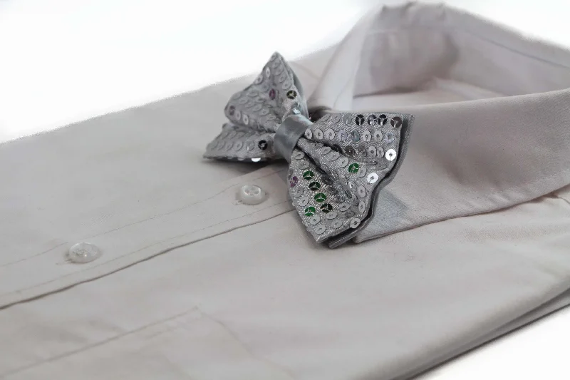 best wedding tie sets-Mens Silver Sequin Patterned Bow Tie