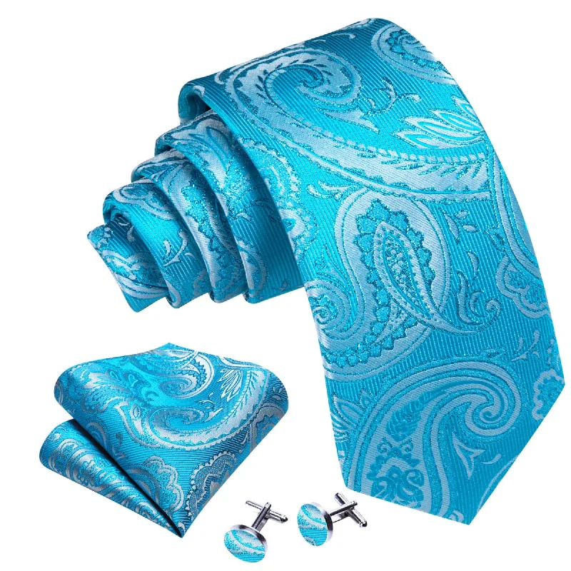 best bow ties for men-Men's Sky Blue Paisley 100% Silk Neck Tie With Matching Hanky And Cufflinks Set