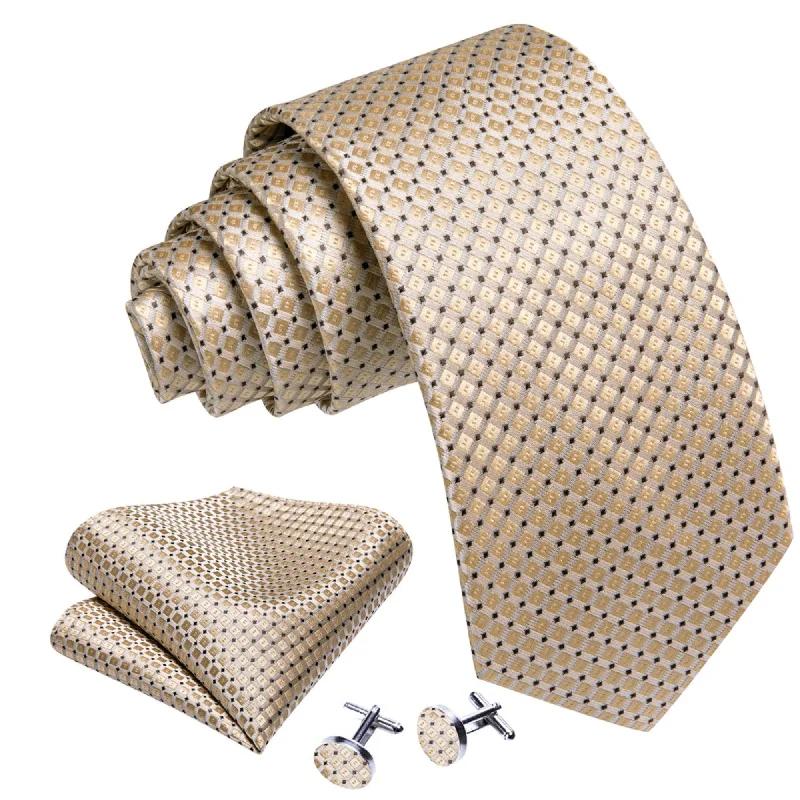 unique color neckties-Men's Tan Plaid 100% Silk Neck Tie With Matching Hanky And Cufflinks Set