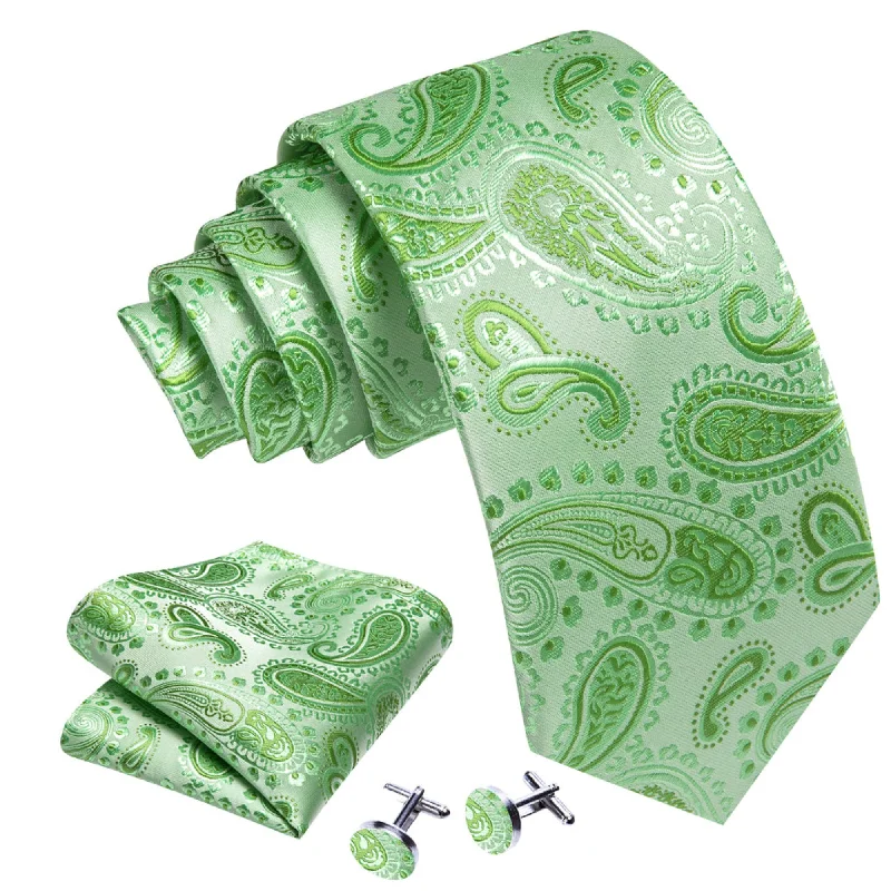 office bow ties-Men's Turquoise Green Paisley 100% Silk Neck Tie With Matching Hanky And Cufflinks Set