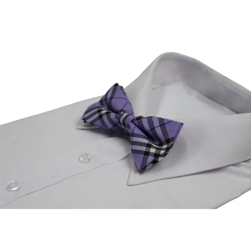 tie sets with pocket squares-Mens Violet & Navy Plaid Patterned Bow Tie