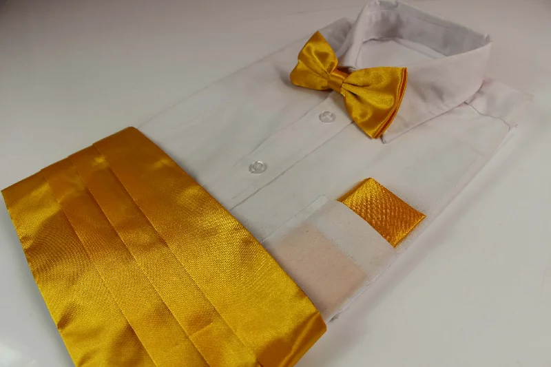 casual ties for men-Mens Warm Yellow Cummerbund & Matching Plain Bow Tie And Pocket Square Set