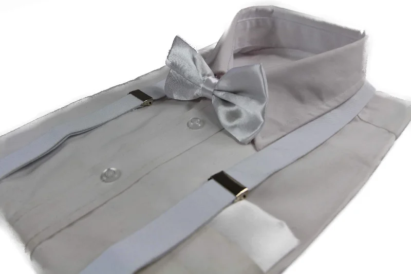 trendy silk bow ties-Mens White 100cm Suspenders & Matching Bow Tie & Pocket Square Set