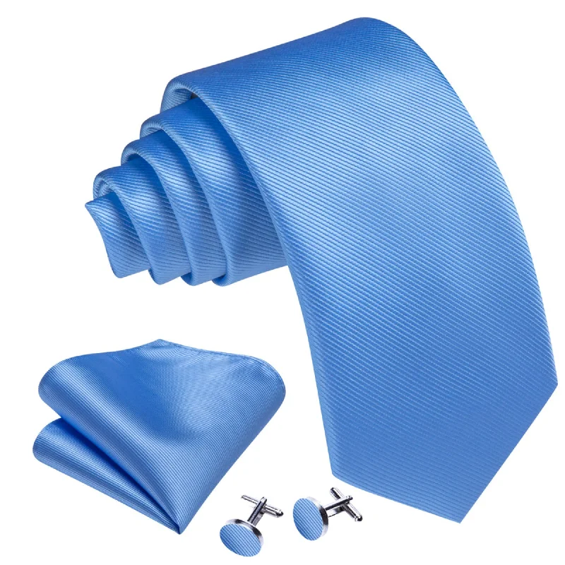 classic wedding neckties-Men's Sky Blue Solid Color 100% Silk Neck Tie With Matching Hanky And Cufflinks Set