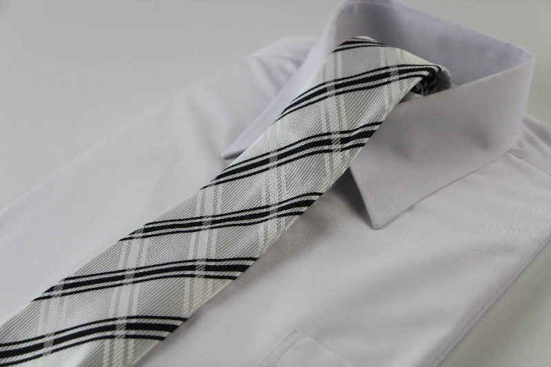 fun color neckties-Mens White & Black Plaid Striped Patterned 8cm Neck Tie