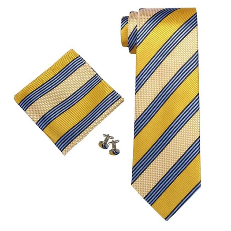 casual chic ties-Men's Yellow And Blue Stripes Silk Neck Tie Set  Cufflinks & Hanky