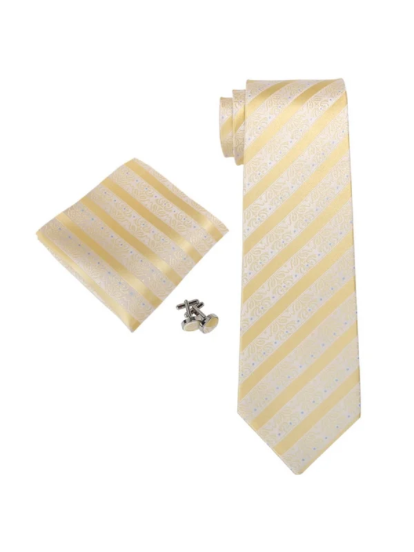 fashionable necktie designs-Men's Yellow Floral Silk Neck Tie Set Cufflinks & Hanky Set