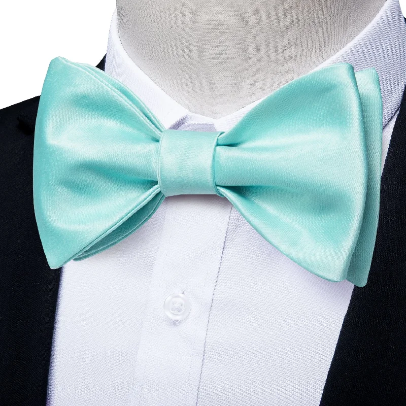 professional ties for men-Mint Green Solid Self-tied Bow Tie Pocket Square Cufflinks Set