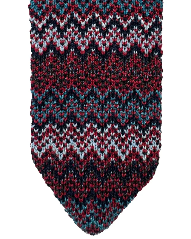 men's wedding attire neckties-Missoni Knitted Tie Red Black Teal Zig Zag Design - Wool Silk