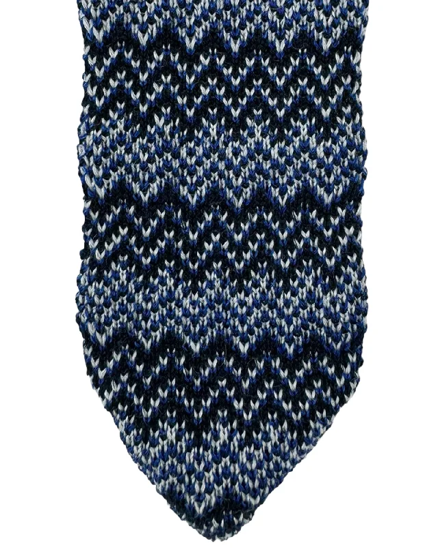 summer business ties-Missoni Knitted Tie Royal Blue Black Gray Silver Zig Zag - Wool Silk