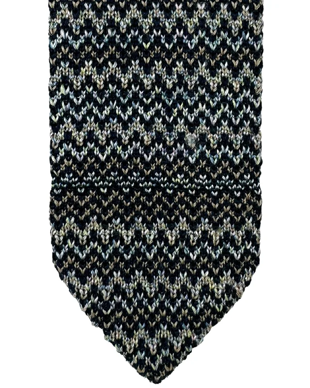 elegant men's bow ties-Missoni Knitted Tie Taupe Black Blue Zig Zag - Cotton Silk