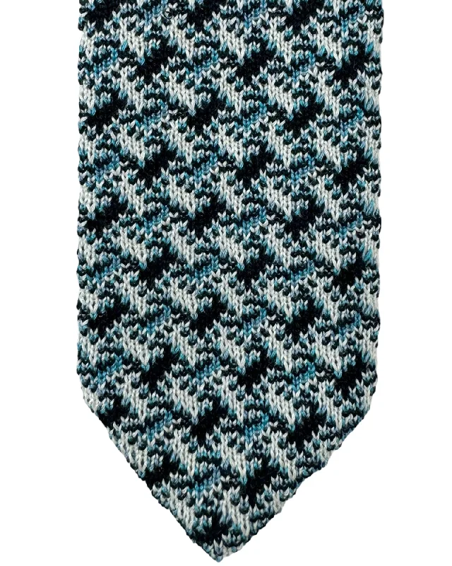 formal party neckties-Missoni Knitted Tie White Blue Black Design - Cotton Silk