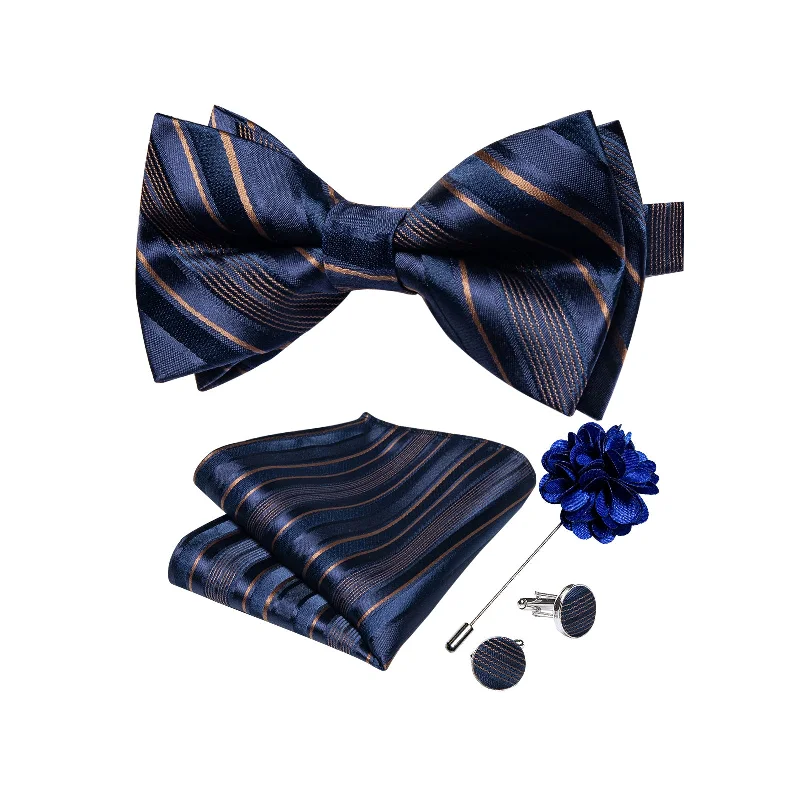 floral print neckties-Navy Blue Striped Men's Pre-tied Bowtie Pocket Square Cufflinks Set with Lapel Pin