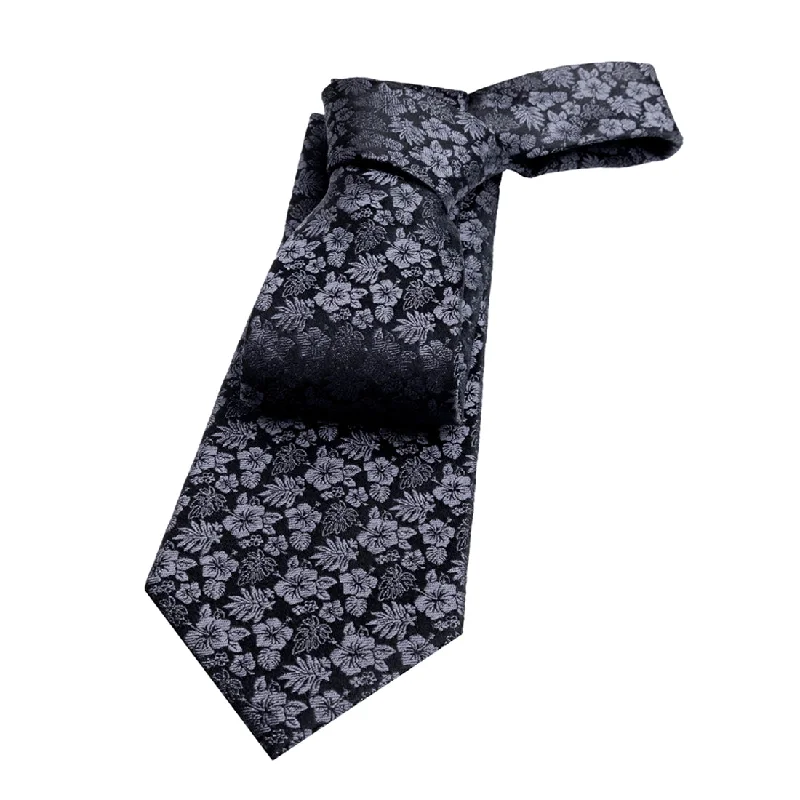 exclusive necktie collections-New Bedford Floral Silk Tie, Black / Greyish Silver