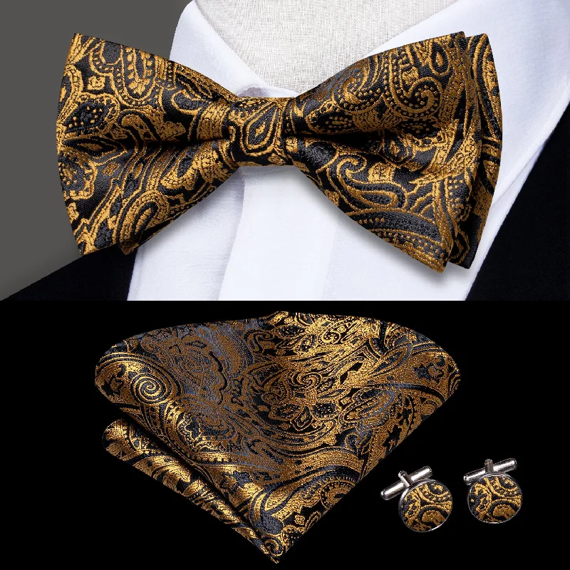 trendy silk neckties-Black Golden Paisley Pre-tied Bow Tie Pocket Square Cufflinks Set