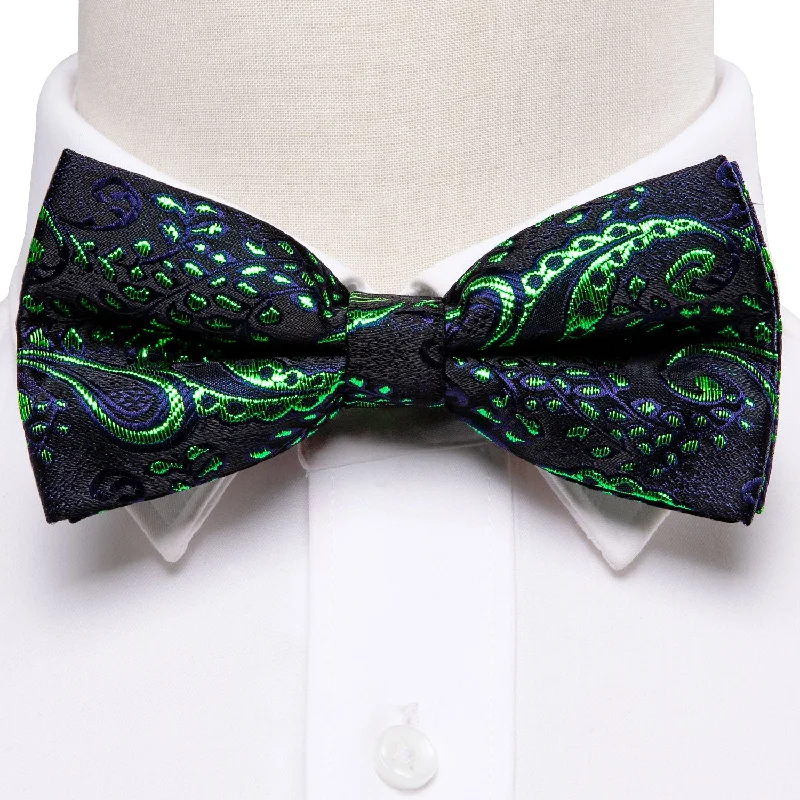 patterned ties for formal wear-Black Green Paisley Men's Pre-tied Bowtie Pocket Square Cufflinks Set